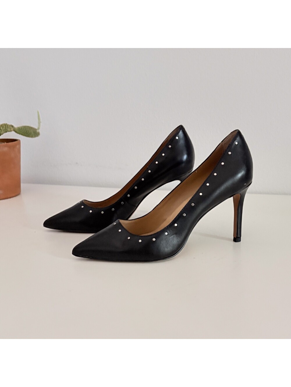 Black High Heels Leather Silver Studs Pointed Toe Banana Republic Pumps 6.5
